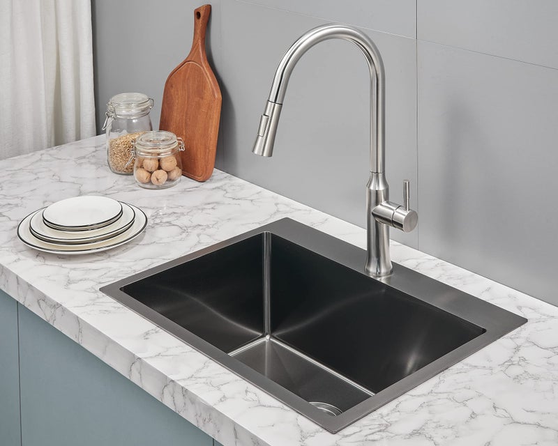 TSIBOMU Kitchen Sink Drop in - TSIBOMU 20 x 16 Inch Kitchen Sink Topmount 18 Gauge Stainless Steel Single Bowl Overmount Bar Sink(Black) - Image 3