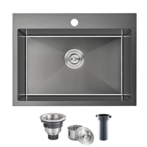 TSIBOMU Kitchen Sink Drop in - TSIBOMU 20 x 16 Inch Kitchen Sink Topmount 18 Gauge Stainless Steel Single Bowl Overmount Bar Sink(Black) - Image 1