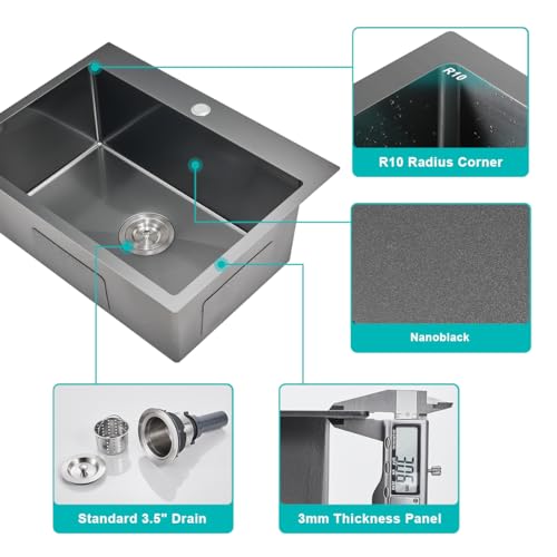 TSIBOMU Kitchen Sink Drop in - TSIBOMU 20 x 16 Inch Kitchen Sink Topmount 18 Gauge Stainless Steel Single Bowl Overmount Bar Sink(Black) - Image 5