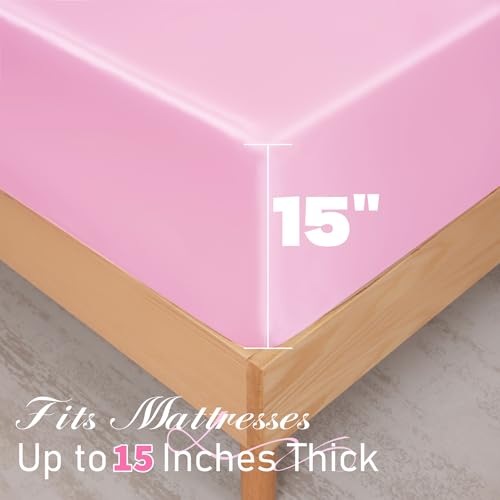 NSGZ 3 Pcs Satin Fitted Sheet and Pillowcase Set, Queen Silky Bottom Bedsheet Fit up to 15 Inch Deep Pocket Mattress, Pink Soft Satin Bedding Includes 1 Fitted Sheet and 2 Pillowcases - Image 4