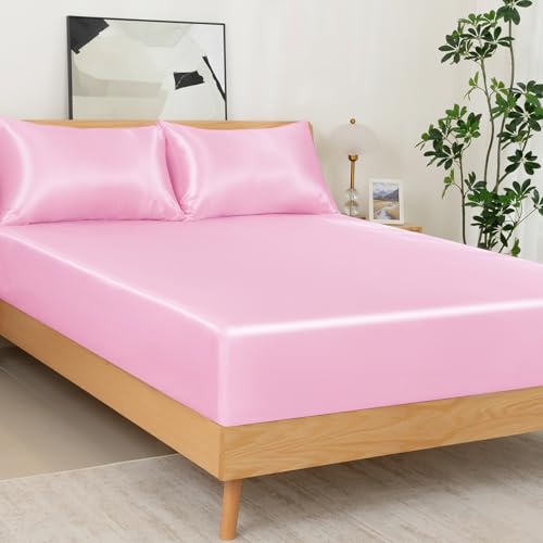NSGZ 3 Pcs Satin Fitted Sheet and Pillowcase Set, Queen Silky Bottom Bedsheet Fit up to 15 Inch Deep Pocket Mattress, Pink Soft Satin Bedding Includes 1 Fitted Sheet and 2 Pillowcases - Image 1