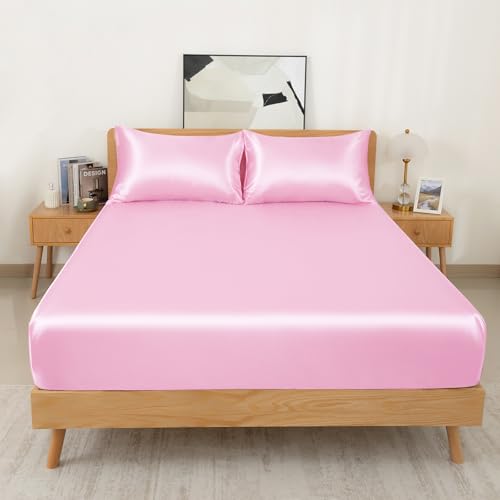 NSGZ 3 Pcs Satin Fitted Sheet and Pillowcase Set, Queen Silky Bottom Bedsheet Fit up to 15 Inch Deep Pocket Mattress, Pink Soft Satin Bedding Includes 1 Fitted Sheet and 2 Pillowcases - Image 2
