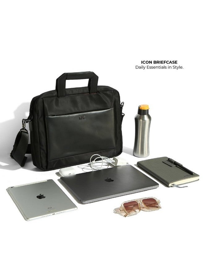 ICON حقيبة لابتوب ICON 10L | جلد نباتي فاخر، تناسب لابتوبات 15.6" | سحابات YKK، جيب سري، غلاف للأمتعة، قسم لابتوب مبطن، مقاومة للماء وحقيبة لابتوب للجنسين (أسود) - Image 4