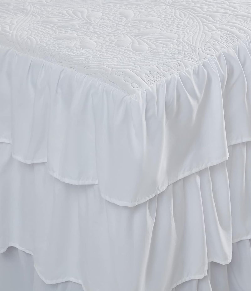 CHIXIN Ruffle Skirt Bedspread Full Size - 30" Long Drop, Shabby Chic Style, Lightweight Bedding Cover, 3 Piece Set, Chic Layers, Pure White - Image 4