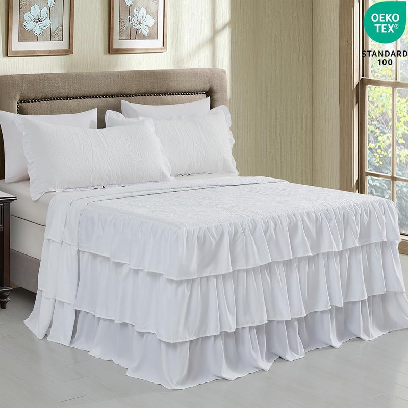 CHIXIN Ruffle Skirt Bedspread Full Size - 30" Long Drop, Shabby Chic Style, Lightweight Bedding Cover, 3 Piece Set, Chic Layers, Pure White - Image 2