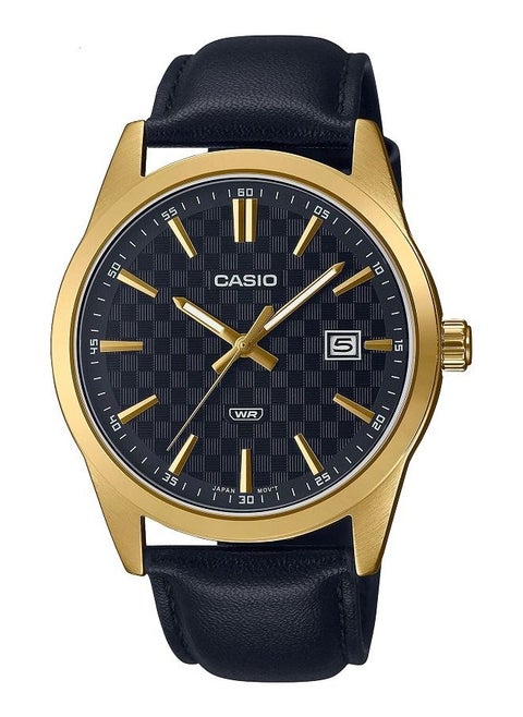 Casio Men Watch Analog Date Display Black Dial Leather Band Gold Ion Plated Case MTP-VD03GL-1AUD