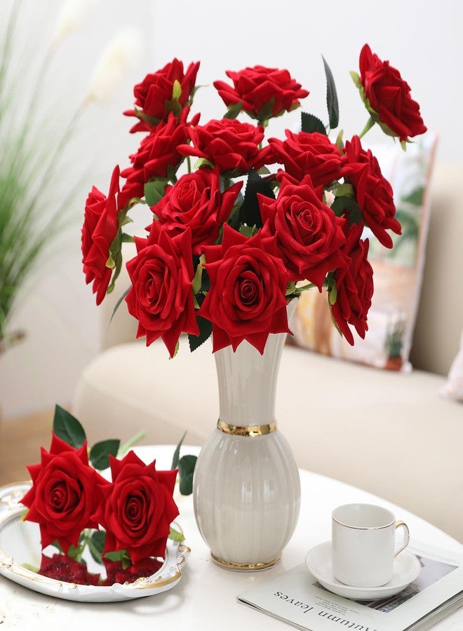 Floweroyal 15PCS Red Roses Artificial Flowers 4.33" Velvet Flowers with Long Stem Fake Roses for Valentine's Day, Wedding Bridal Bouquets, Floral Arrangement, Table Centerpieces, Home Decorations - Image 4