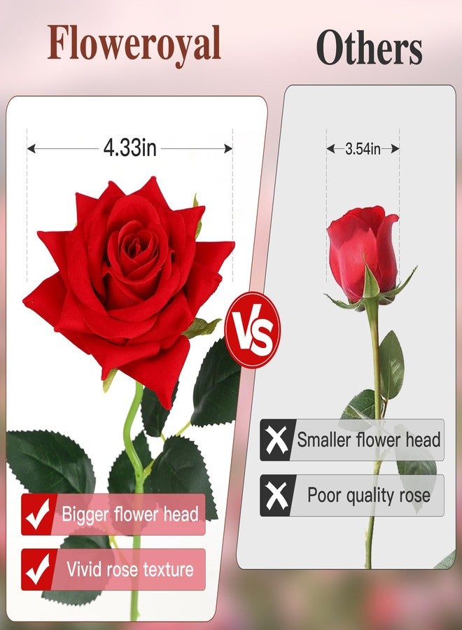 Floweroyal 15PCS Red Roses Artificial Flowers 4.33" Velvet Flowers with Long Stem Fake Roses for Valentine's Day, Wedding Bridal Bouquets, Floral Arrangement, Table Centerpieces, Home Decorations - Image 2