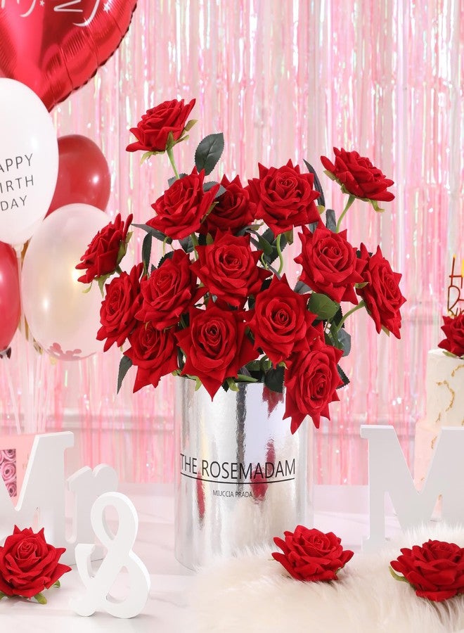 Floweroyal 15PCS Red Roses Artificial Flowers 4.33" Velvet Flowers with Long Stem Fake Roses for Valentine's Day, Wedding Bridal Bouquets, Floral Arrangement, Table Centerpieces, Home Decorations - Image 3