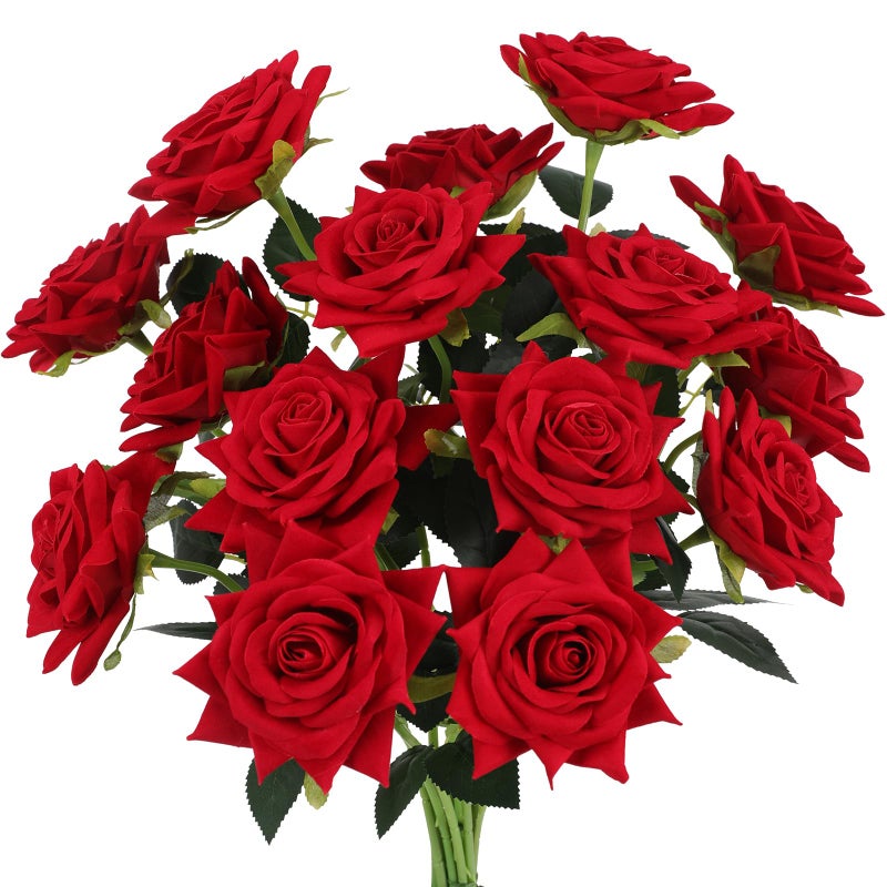 Floweroyal 15PCS Red Roses Artificial Flowers 4.33" Velvet Flowers with Long Stem Fake Roses for Valentine's Day, Wedding Bridal Bouquets, Floral Arrangement, Table Centerpieces, Home Decorations - Image 1
