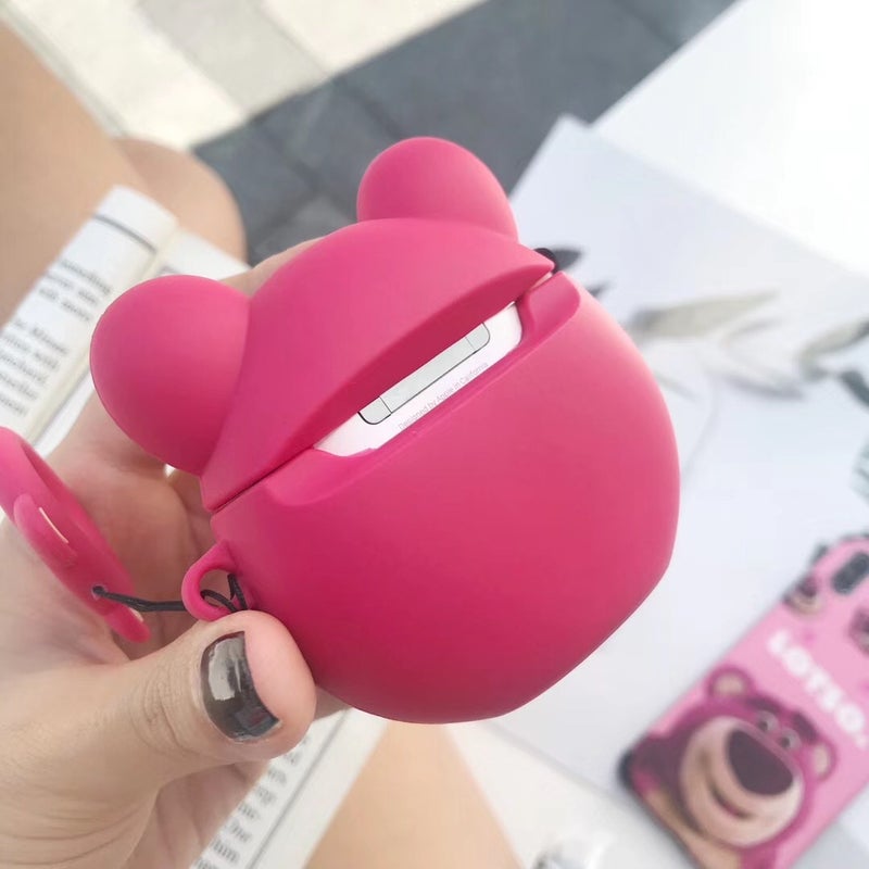 Red Bear Protective Case Bluetooth Earphone Storage Box Silicone Ring Rope Anti-drop Bag for Apple AirPods 1/2