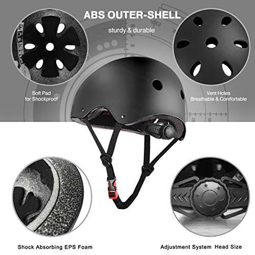 Besmall Adjustable Skateboard Skate Helmet with Protective Gear Knee Pads Elbow Pads Wrist Pads for Youth Outdoor Sports, BMX, Skateboard, Scooter, Bike, Roller, Kid's Protective Gear Set Black L - Image 2