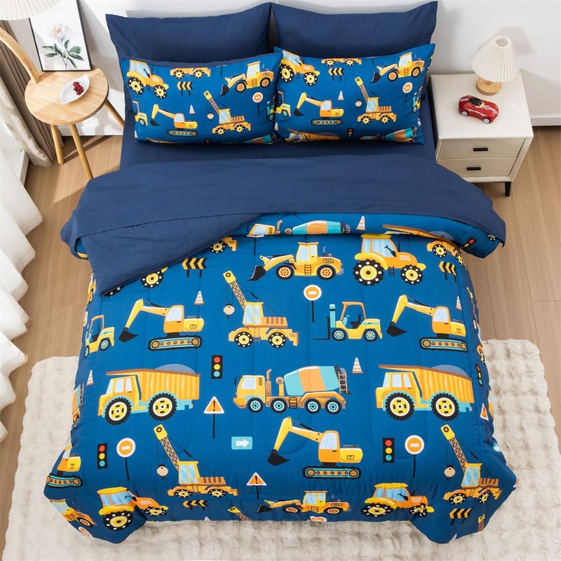 NTBED 5 Pieces Construction Truck Twin Comforter Set for Boys Kids Bed in a Bag Vehicles Excavator Lightweight Microfiber Bedding SetsBlue