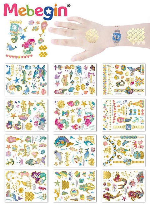 12 Sheets Mermaid Temporary Tattoos for Kids, Waterproof Long-lasting Fake Tattoos, High-quality Face and Body Stickers with Attractive Design, Easy to Use and Remove, Versatile Party Decoration