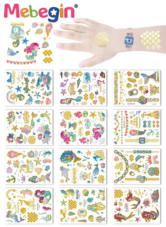 MEBEGIN - 12 Sheets Mermaid Temporary Tattoos for Kids, Waterproof Long-lasting Fake Tattoos, High-quality Face and Body Stickers with Attractive Design, Easy to Use and Remove, Versatile Party Decoration - Image 1