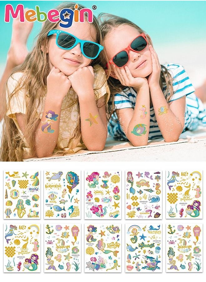 MEBEGIN - 12 Sheets Mermaid Temporary Tattoos for Kids, Waterproof Long-lasting Fake Tattoos, High-quality Face and Body Stickers with Attractive Design, Easy to Use and Remove, Versatile Party Decoration - Image 1