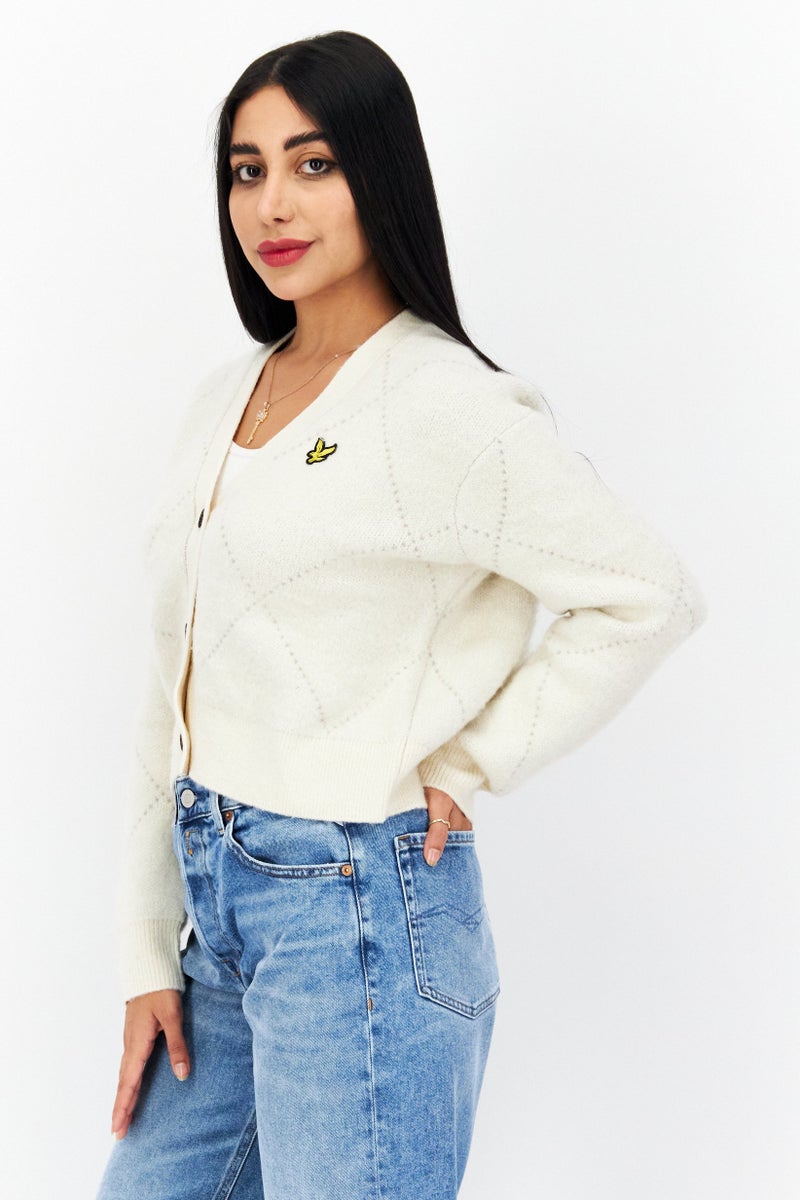 Lyle & Scott Women V-Neck Textured Cardigans, Beige  - Image 2