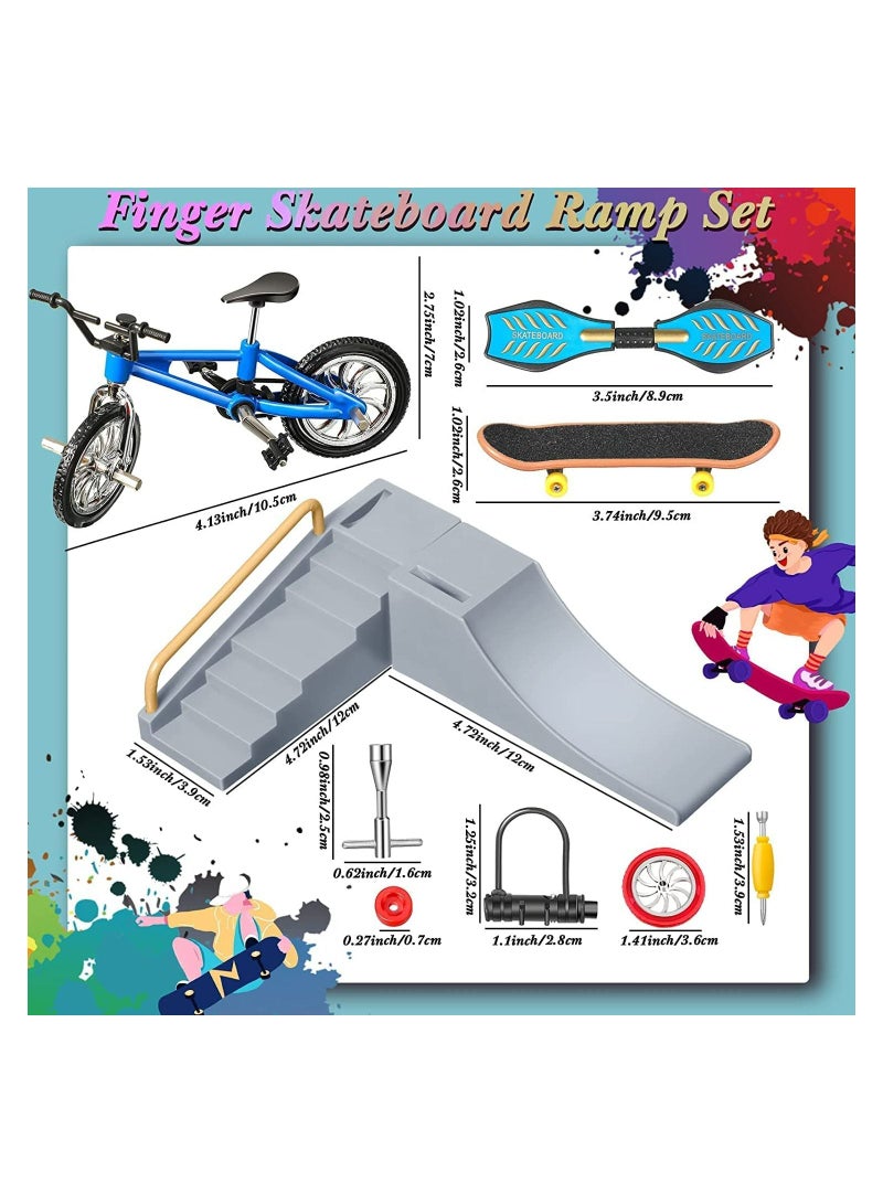 SYOSI Finger Skateboard Ramp Set, 17Pcs Skate Park Kit Ramp Parts Set Mini Finger Toys Set Finger Bike Skate Park Kit with Replacement Wheels Tools for Kids Party Favor Mini Vitality Board (Retro Color) - Image 2