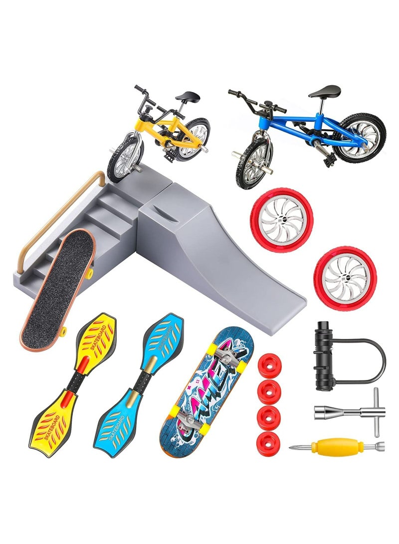 SYOSI Finger Skateboard Ramp Set, 17Pcs Skate Park Kit Ramp Parts Set Mini Finger Toys Set Finger Bike Skate Park Kit with Replacement Wheels Tools for Kids Party Favor Mini Vitality Board (Retro Color) - Image 1