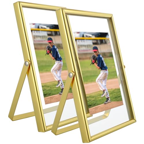 AhaGo Gold Floating Frame, 4"x6", Vertical, 2 Set, For Picture 3.5x5, 2x3, 1x2, Small Desktop Photo Frames, Classy Gift For Kids Birthday or Wedding - Image 1