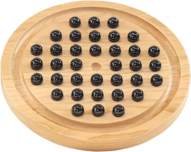 Maple Landmark Marble Solitaire Game - Classic Wooden Board with Black Marbles - Image 4