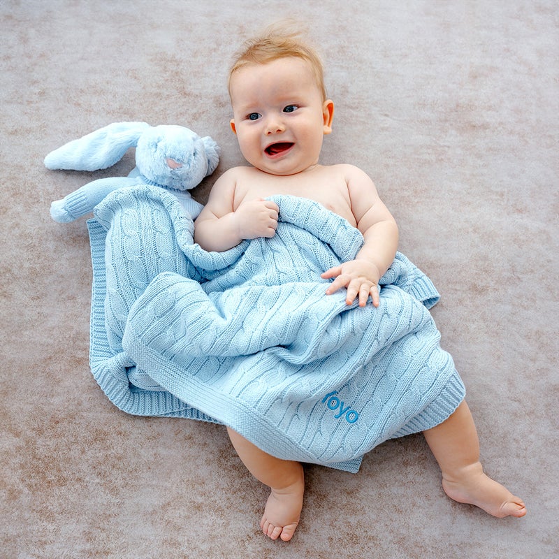 Lovingly Signed Personalized Luxury Baby Cable Knit Blanket - Blue - Image 3