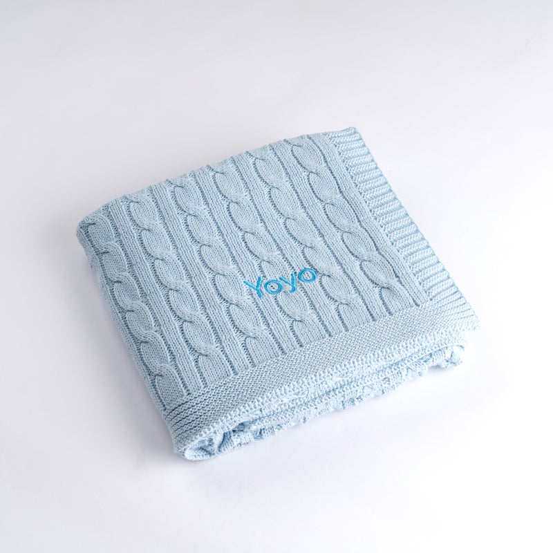 Lovingly Signed Personalized Luxury Baby Cable Knit Blanket - Blue - Image 1