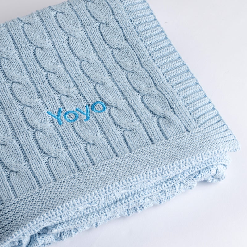 Lovingly Signed Personalized Luxury Baby Cable Knit Blanket - Blue - Image 2