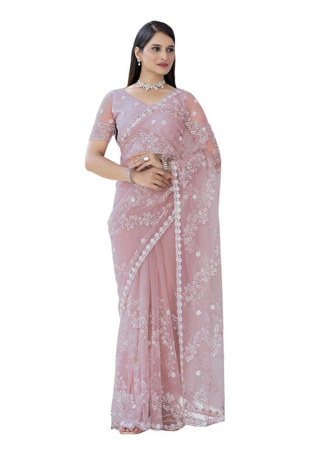 SIRIL Women's Net Sequence Embroidery Work Saree With Unstitched Blouse Piece (3187S144A_Dusty Pink) - Image 1
