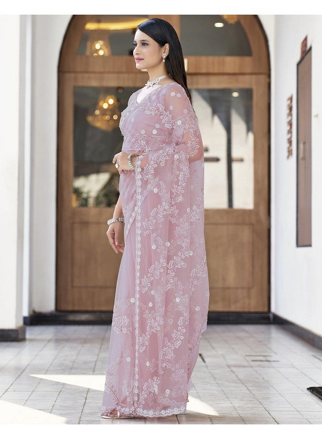 SIRIL Women's Net Sequence Embroidery Work Saree With Unstitched Blouse Piece (3187S144A_Dusty Pink) - Image 3