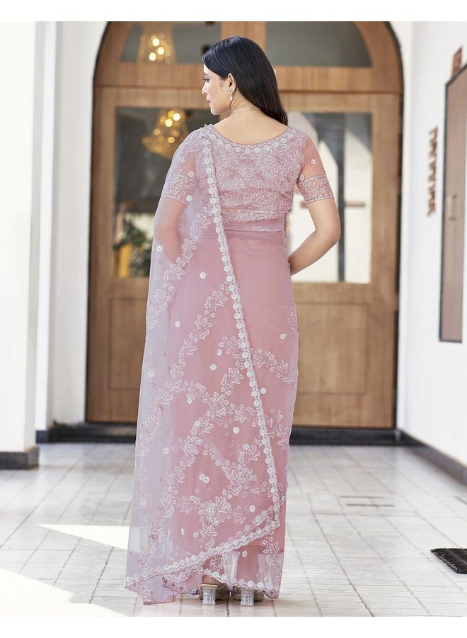 SIRIL Women's Net Sequence Embroidery Work Saree With Unstitched Blouse Piece (3187S144A_Dusty Pink) - Image 2