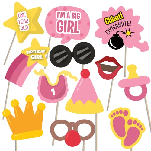 Crackles First Birthday Photo Booth Props Pink for Baby Girl, Party Decorations for Kids, 1st Birthday Items - 38 Pieces - Image 2