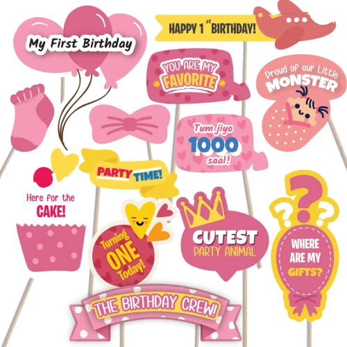Crackles First Birthday Photo Booth Props Pink for Baby Girl, Party Decorations for Kids, 1st Birthday Items - 38 Pieces - Image 5