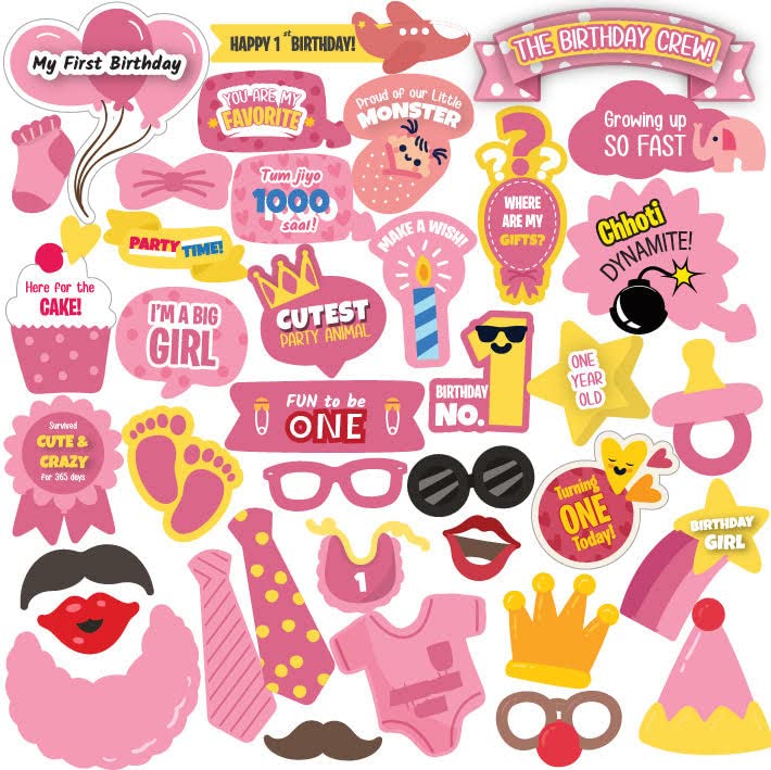Crackles First Birthday Photo Booth Props Pink for Baby Girl, Party Decorations for Kids, 1st Birthday Items - 38 Pieces - Image 1