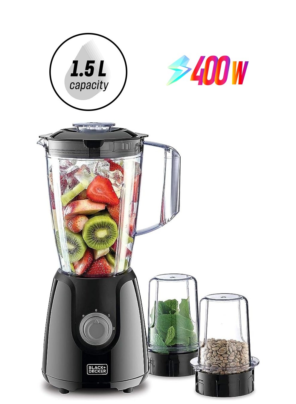 Blender With Grinder Mills, 400W Power, 1.5L With 300Ml 2 Grinding Mills, Stainless Steel Blades And Two Pulse Control For Fine And Grinding Of Coffee Herbs