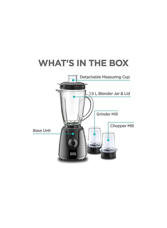 BLACK&DECKER Blender With Grinder Mills, 400W Power, 1.5L With 300Ml 2 Grinding Mills, Stainless Steel Blades And Two Pulse Control For Fine And Grinding Of Coffee Herbs - Image 2