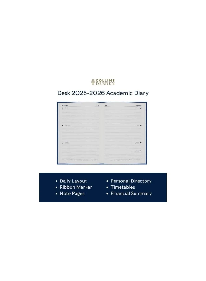 Collins Collins Desk 12 Month Mid/Academic Year Planner, August 2025-August 2026 Day-to-Page Appointments Diary, A4 Hard Cover, Blue