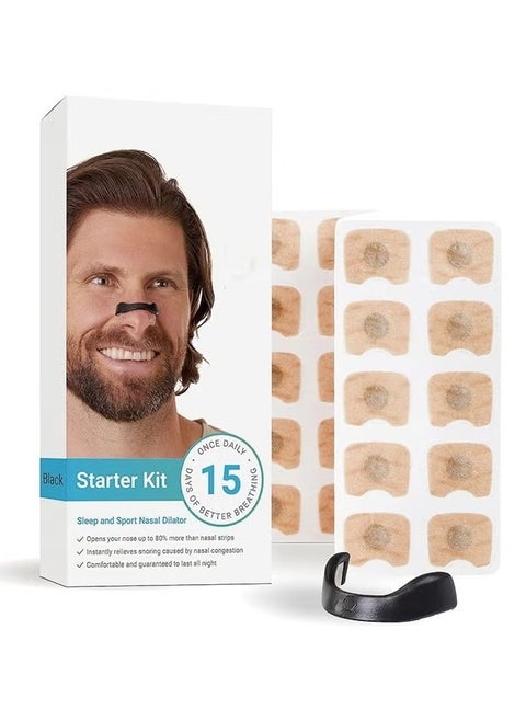Breathing Nasal Strip Starter Kit (15 Count, Black) - Boost Oxygen Intake, Reduce Snoring, Improve Sleep Quality - Sweat Resistant, Skin Safe Nasal Strips - Extra Strength Snoring Solution