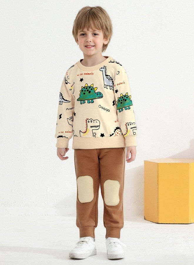 DISAUR Toddler Fall Clothes Boy 4-5t Sweatshirt Boys Little Dinosaur Printed Long Sleeve Apricot Tops and Brown Pants - Image 4