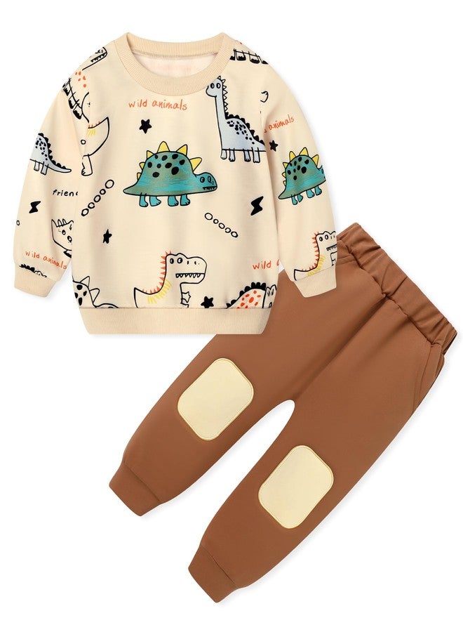 DISAUR Toddler Fall Clothes Boy 4-5t Sweatshirt Boys Little Dinosaur Printed Long Sleeve Apricot Tops and Brown Pants - Image 1