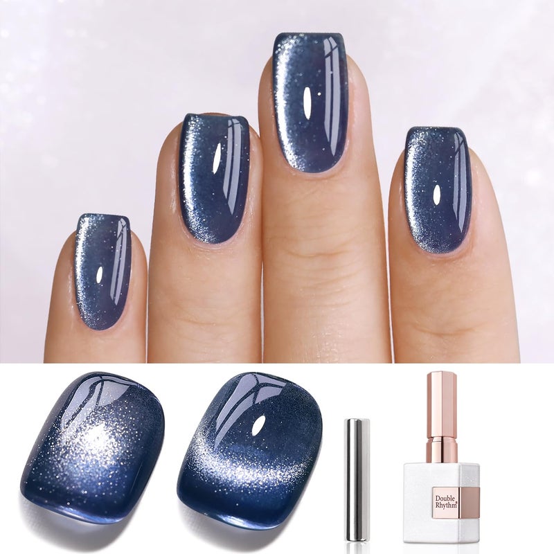 Double Rhythm 0.5 OZ Cat Eye Gel Polish with Magnet 15ML Holographic Glitter Shimmer Translucent Jelly Color Magnetic Polish Salon DIY at Home (Dark Blue-MC1044) - Image 1