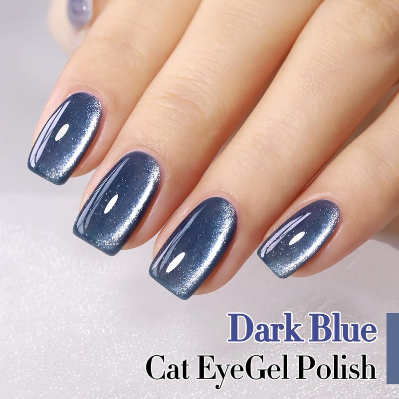 Double Rhythm 0.5 OZ Cat Eye Gel Polish with Magnet 15ML Holographic Glitter Shimmer Translucent Jelly Color Magnetic Polish Salon DIY at Home (Dark Blue-MC1044) - Image 2