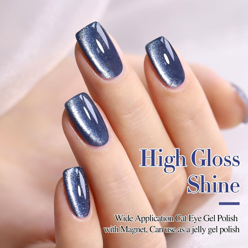 Double Rhythm 0.5 OZ Cat Eye Gel Polish with Magnet 15ML Holographic Glitter Shimmer Translucent Jelly Color Magnetic Polish Salon DIY at Home (Dark Blue-MC1044) - Image 3