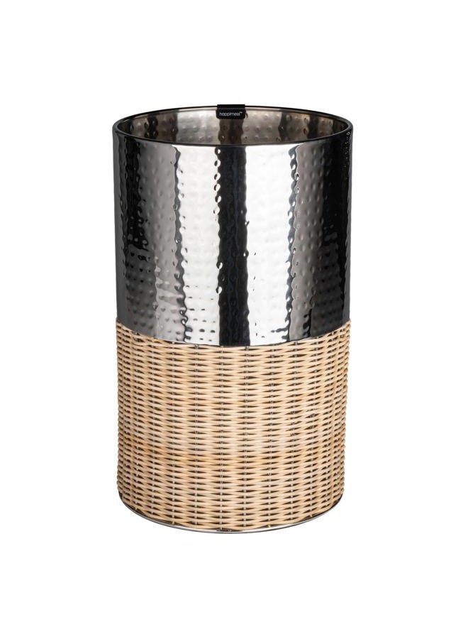 happimess HPM1102B Asher Modern 4.13-Gallon 2-Tone Natural Wicker/Metal Cylinder Waste Basket, Chrome/Natural for Home, Bathroom, Living Room, Office, Bedroom, Kitchen - Image 1