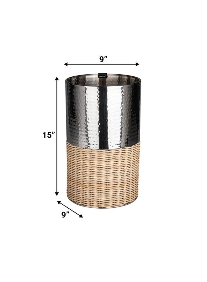 happimess HPM1102B Asher Modern 4.13-Gallon 2-Tone Natural Wicker/Metal Cylinder Waste Basket, Chrome/Natural for Home, Bathroom, Living Room, Office, Bedroom, Kitchen - Image 3