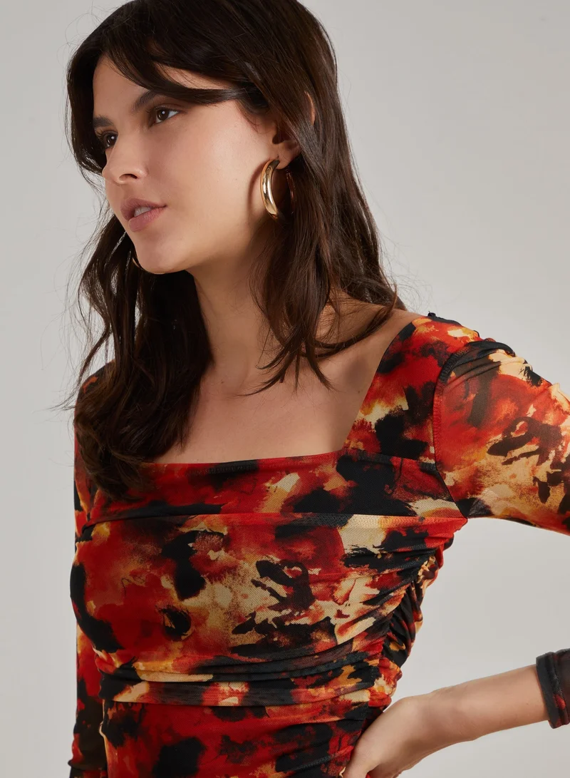 Pink Vanilla  Ruched Smudge Print Long Sleeved Dress for Women | Best Price UAE