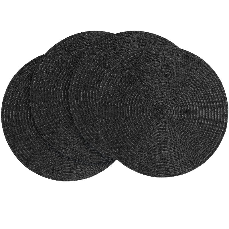 Floroom 15 Inch Round Braided Placemats Set of 4, Washable Heat Resistant Cotton Polyester Circle Place Mats for Kitchen Dining Table - Black - Image 1