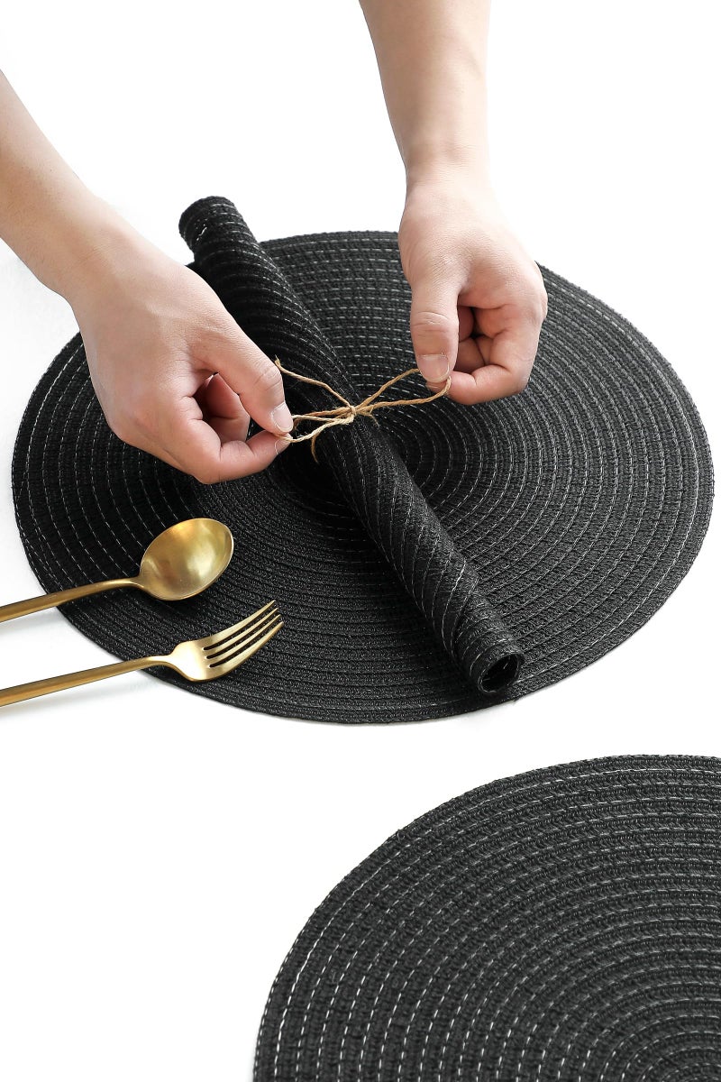Floroom 15 Inch Round Braided Placemats Set of 4, Washable Heat Resistant Cotton Polyester Circle Place Mats for Kitchen Dining Table - Black - Image 3