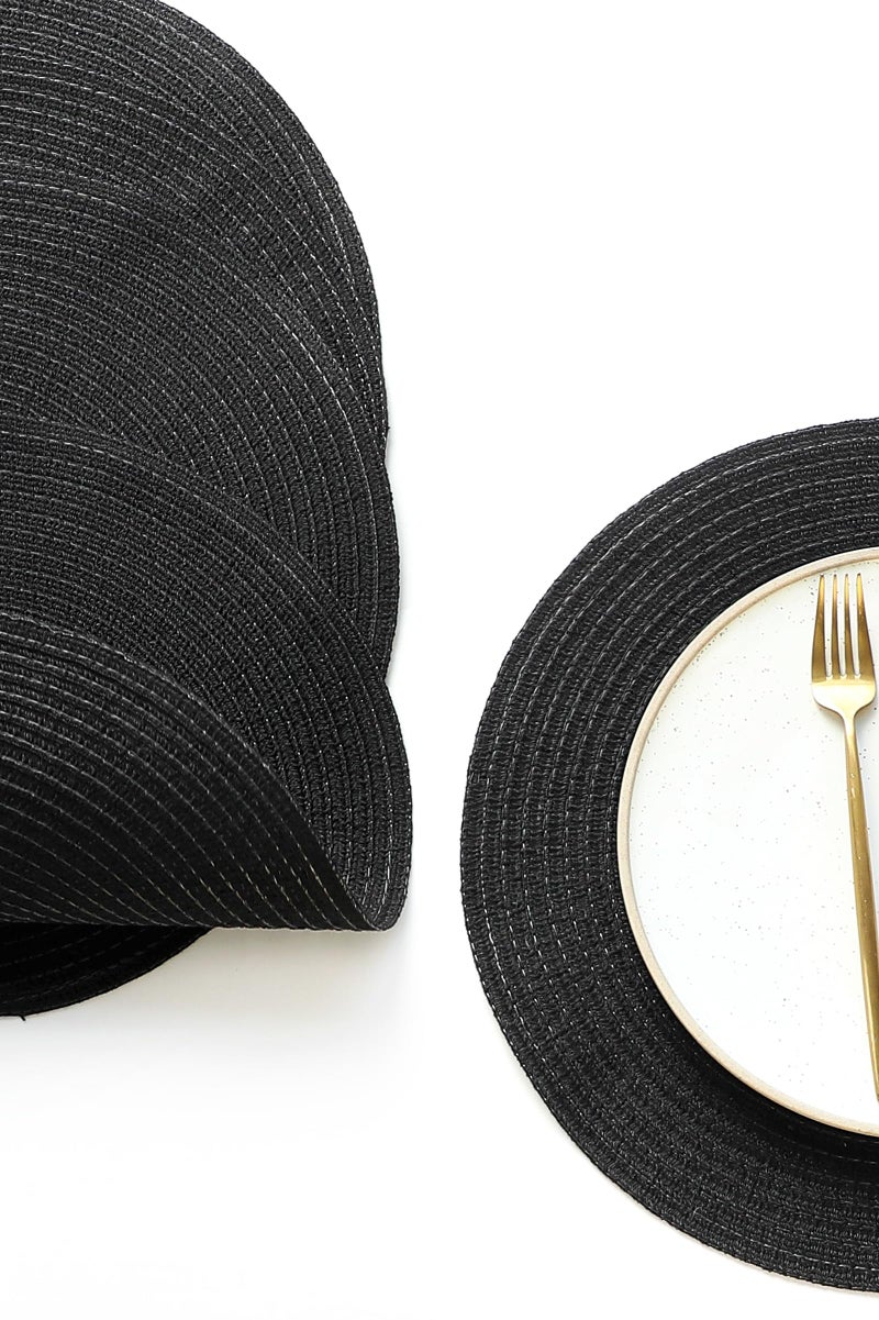 Floroom 15 Inch Round Braided Placemats Set of 4, Washable Heat Resistant Cotton Polyester Circle Place Mats for Kitchen Dining Table - Black - Image 2