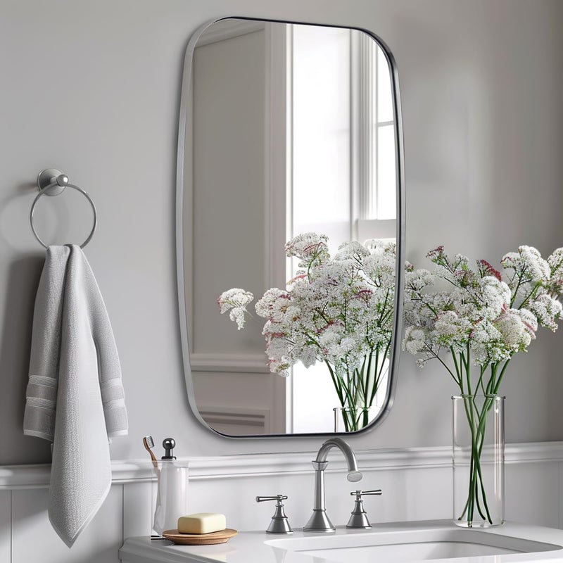 ANDY STAR Brushed Nickel Bathroom Mirror Large 24x40 Brushed Nickel Metal Framed Oblong Wall Mirror Modern Nickel Oval Vanity Mirror